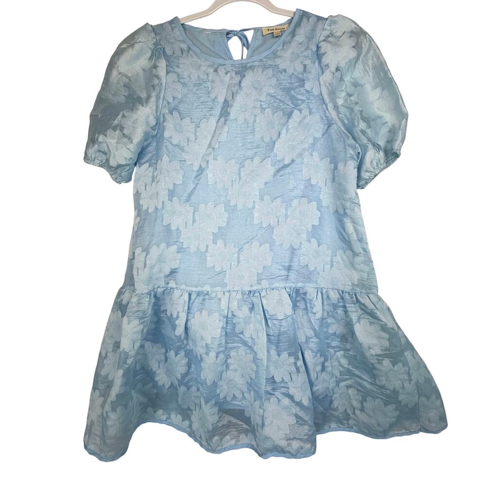Pink‎ Ripple Floral Jacquard Puff Sleeve Mini Dress Womens Size S Blue Shift